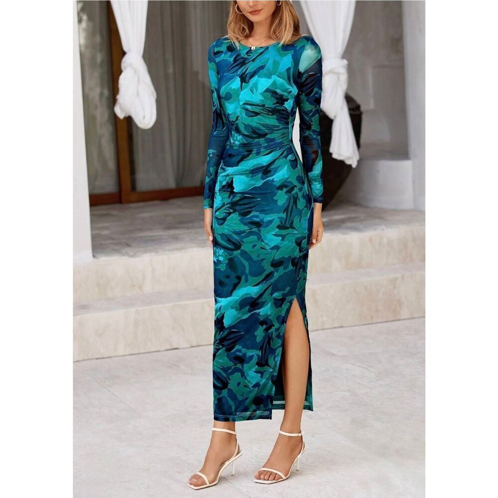 Trendy Queen Women's Green/Blue Poly/Spandex Lined Long Sleeve Left Side Slit Bo